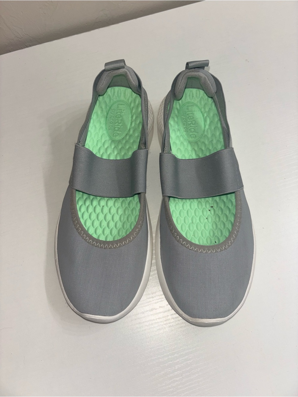 CROCS Gray Mary Jane Flats with Mint Green Insole